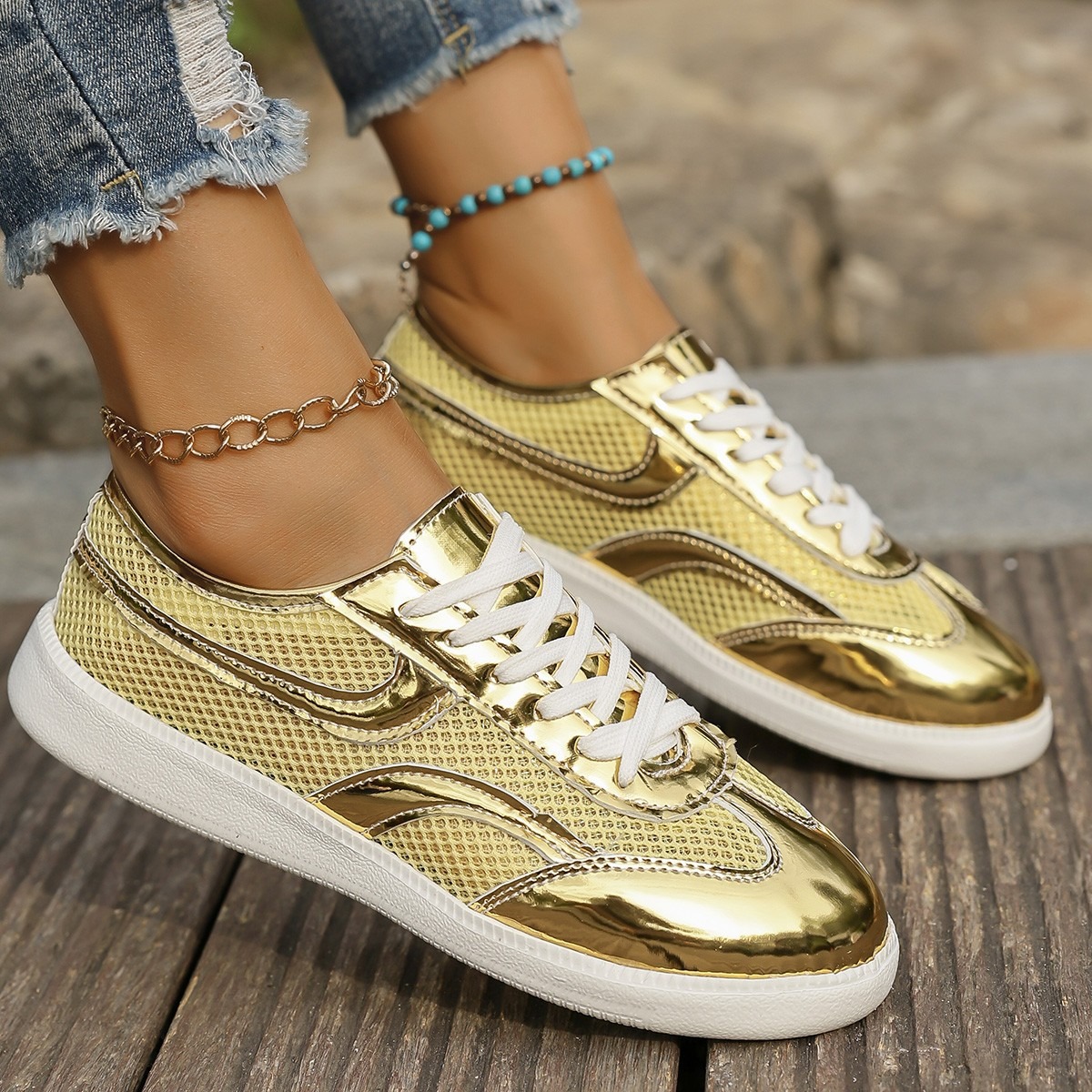 New Women's Sneakers Breathabl - Knit Fabric Lace Up Sneakers ulasan dan harga
