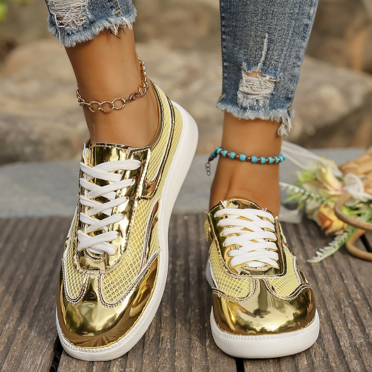 New Women's Sneakers Breathabl - Knit Fabric Lace Up Sneakers ulasan dan harga