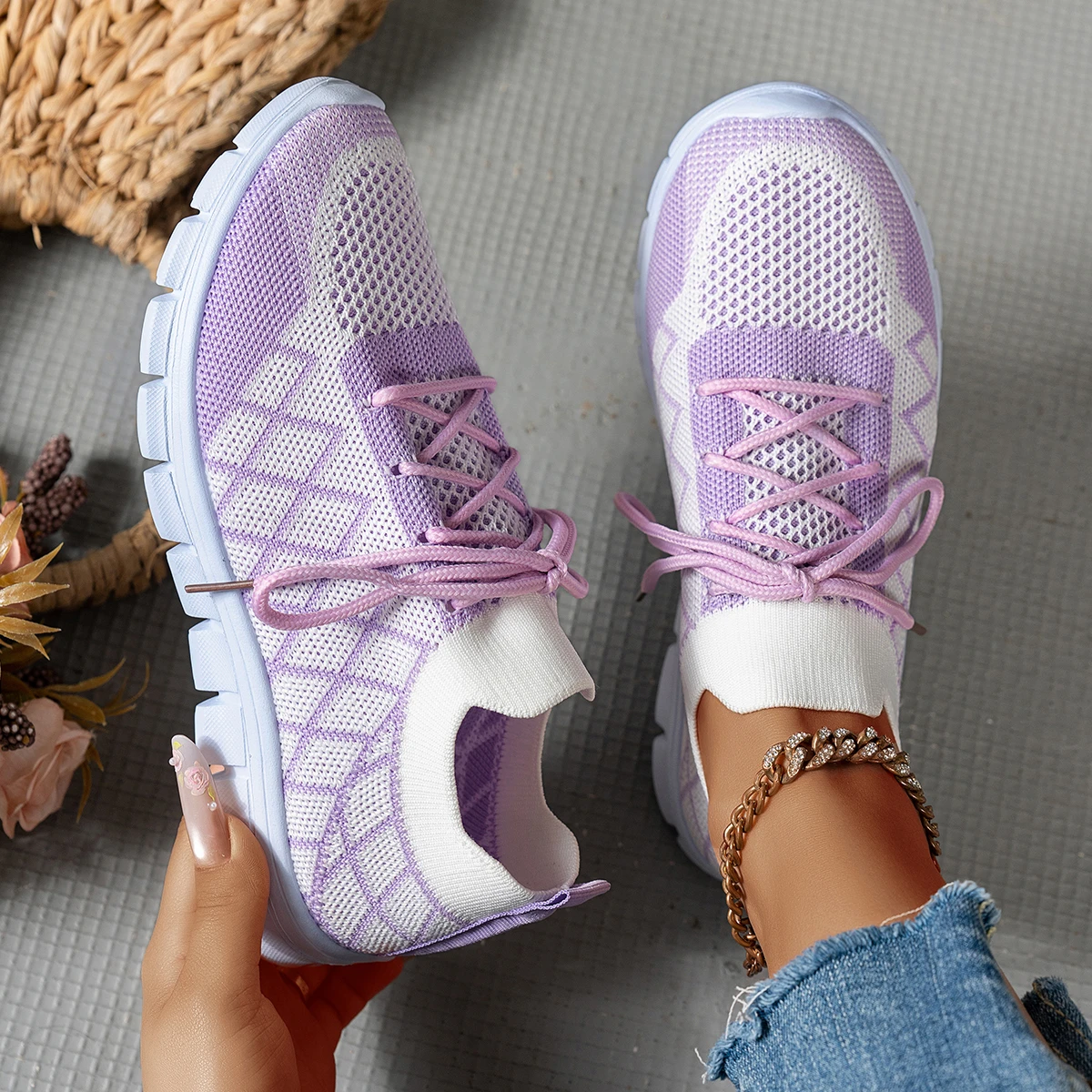 Women Knit Sock Sneakers, Rhom - Knit Fabric Lace Up Sneakers ulasan dan harga